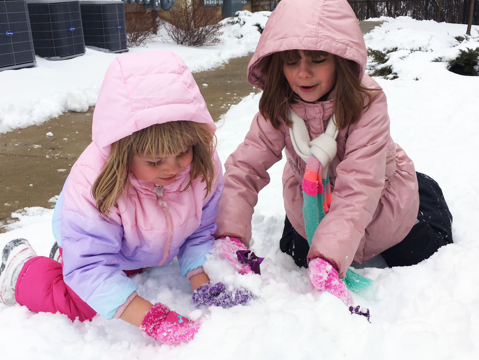 Sisters Olivia and Sophie Buford play in the snow in Burlington
